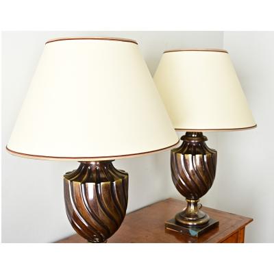 Pair of Heavy Brass Urn Table Lamps