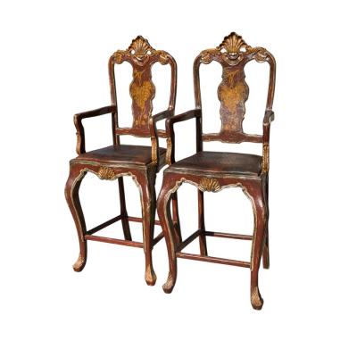 Pair of Hendrix Allardyce Venetian Bar Stools Painted Finish Leather Seats