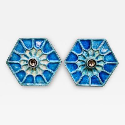 Pair of Hexagonal Blue Ceramic Wall Lights Northern Europe 1970s