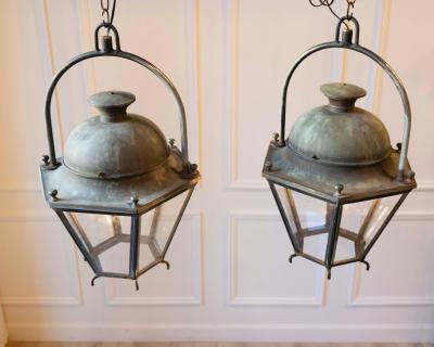 Pair of Hexagonal Copper Lanterns with Domed Tops