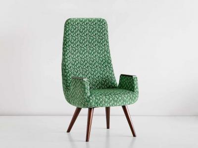 Pair of High Back Armchairs in Green Braqueni Velvet and Weng Wood 1950s