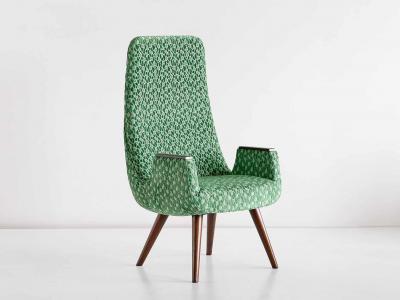 Pair of High Back Armchairs in Green Braqueni Velvet and Weng Wood 1950s
