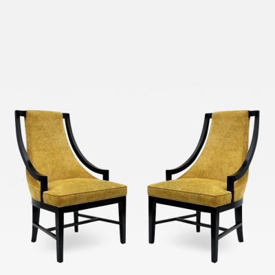 Pair of Hollywood Regency Black Frame Armchair Slipper Chairs with Gold Fabric