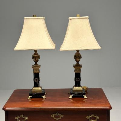 Pair of Hollywood Regency Bronze and Marble Table Lamps Corinthian Column Form