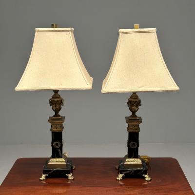 Pair of Hollywood Regency Bronze and Marble Table Lamps Corinthian Column Form