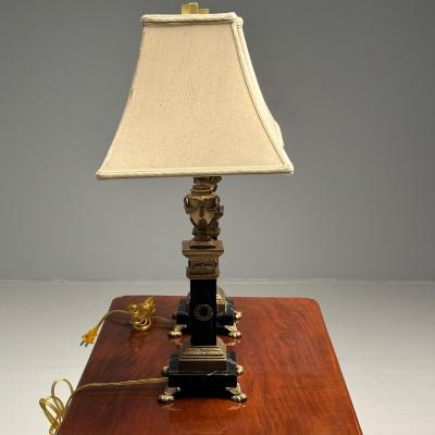Pair of Hollywood Regency Bronze and Marble Table Lamps Corinthian Column Form