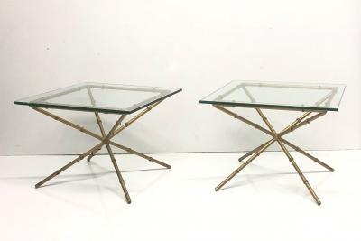 Pair of Hollywood Regency Faux Bamboo Glass Top Side Tables