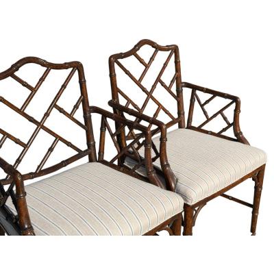 Pair of Hollywood Regency Faux Bamboo Linen Striped Arm Chairs