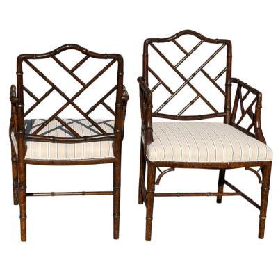 Pair of Hollywood Regency Faux Bamboo Linen Striped Arm Chairs