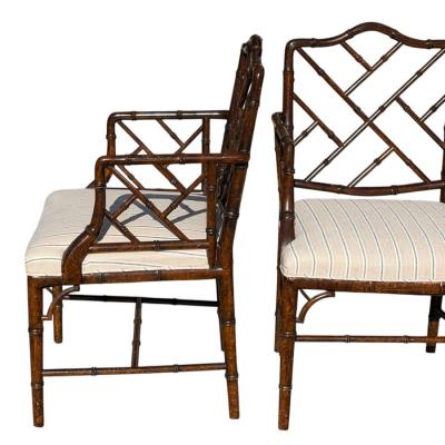 Pair of Hollywood Regency Faux Bamboo Linen Striped Arm Chairs