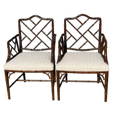 Pair of Hollywood Regency Faux Bamboo Linen Striped Arm Chairs