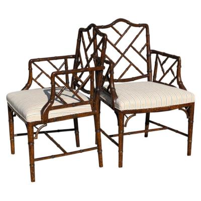 Pair of Hollywood Regency Faux Bamboo Linen Striped Arm Chairs