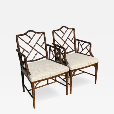 Pair of Hollywood Regency Faux Bamboo Linen Striped Arm Chairs