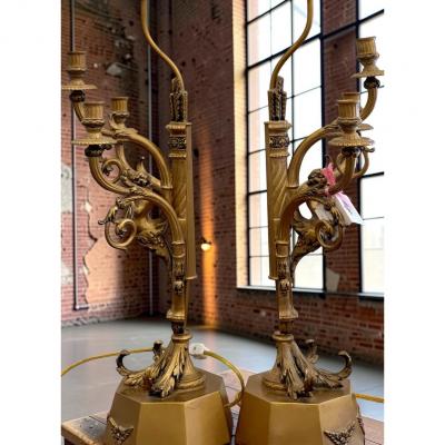 Pair of Hollywood Regency French Bronze Putti Candelabra Table Lamps Paris