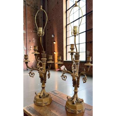 Pair of Hollywood Regency French Bronze Putti Candelabra Table Lamps Paris