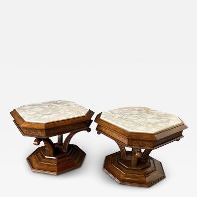 Pair of Hollywood Regency Octagonal Calacatta Marble Side Tables w Brass Accents