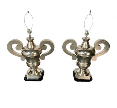 Pair of Hollywood Regency Polished Nickel Table Lamps Large Urns