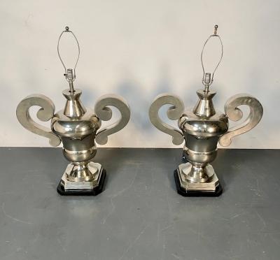 Pair of Hollywood Regency Polished Nickel Table Lamps Large Urns