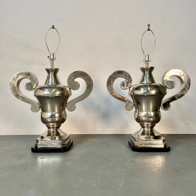 Pair of Hollywood Regency Polished Nickel Table Lamps Large Urns