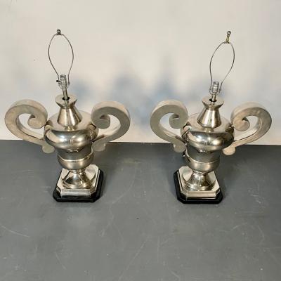 Pair of Hollywood Regency Polished Nickel Table Lamps Large Urns