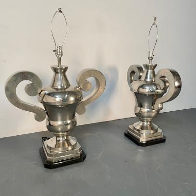Pair of Hollywood Regency Polished Nickel Table Lamps Large Urns