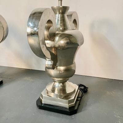 Pair of Hollywood Regency Polished Nickel Table Lamps Large Urns