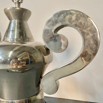Pair of Hollywood Regency Polished Nickel Table Lamps Large Urns