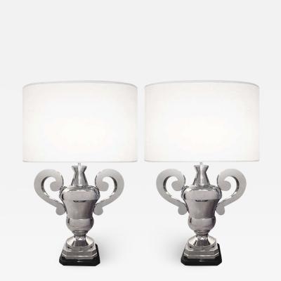 Pair of Hollywood Regency Polished Nickel Table Lamps Large Urns