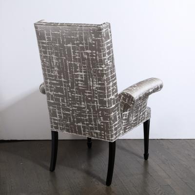 Pair of Hollywood Regency Scroll Form Ebonized Walnut Textural Silk Armchairs