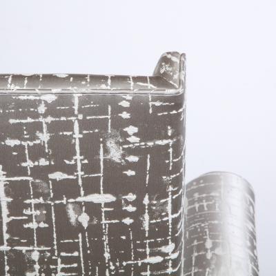 Pair of Hollywood Regency Scroll Form Ebonized Walnut Textural Silk Armchairs