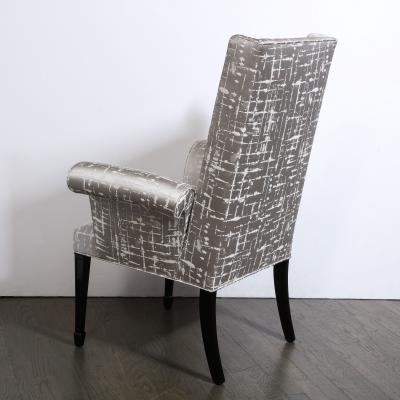 Pair of Hollywood Regency Scroll Form Ebonized Walnut Textural Silk Armchairs