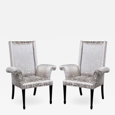 Pair of Hollywood Regency Scroll Form Ebonized Walnut Textural Silk Armchairs