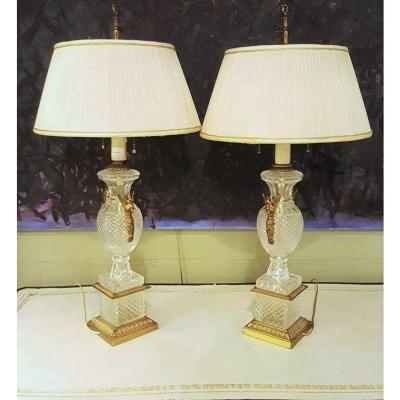 Pair of Hollywood Regency Style Fine Glass Lamps with Swan Handles