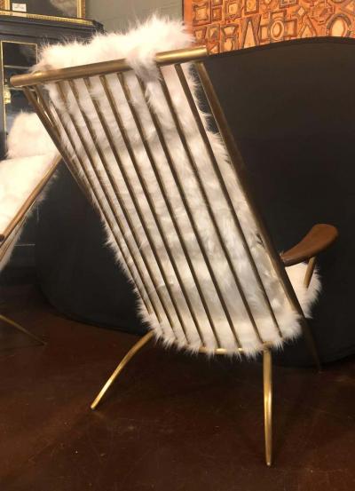 Pair of Hollywood Regency Style Fur Lounge or Chaise Chairs and Ottomans