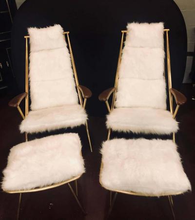 Pair of Hollywood Regency Style Fur Lounge or Chaise Chairs and Ottomans