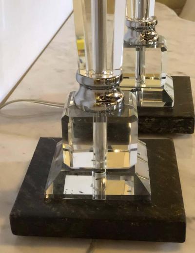 Pair of Hollywood Regency Style Glass and Chrome Table Lamps