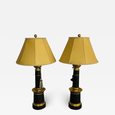 Pair of Hollywood Regency Style Table Lamps with Custom Shades Ebony and Gilt