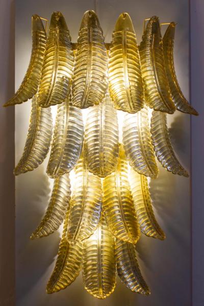 Pair of Huge Italian Gold Ferns Murano Glass Wall Sconces