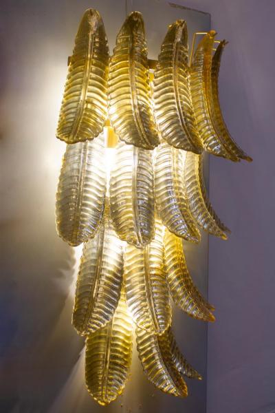 Pair of Huge Italian Gold Ferns Murano Glass Wall Sconces