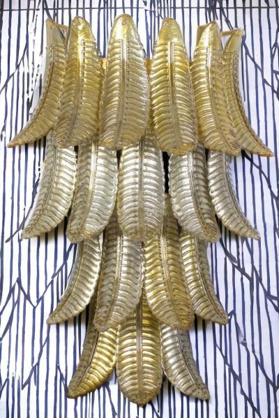 Pair of Huge Italian Gold Ferns Murano Glass Wall Sconces