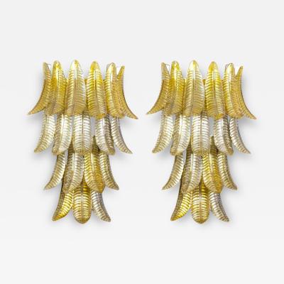 Pair of Huge Italian Gold Ferns Murano Glass Wall Sconces