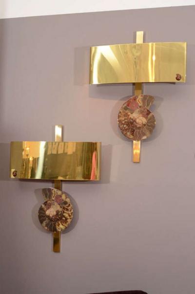 Pair of Important Ammonite and Brass Wall Lights Sconces