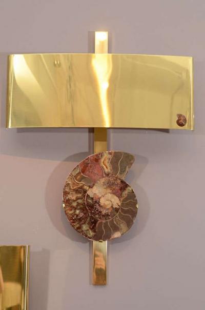 Pair of Important Ammonite and Brass Wall Lights Sconces