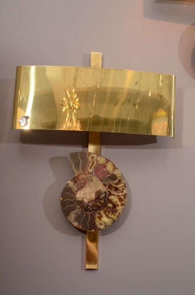 Pair of Important Ammonite and Brass Wall Lights Sconces