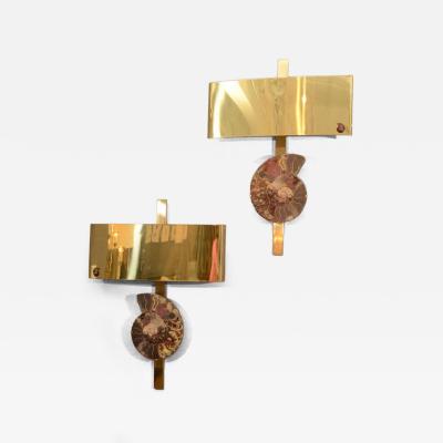 Pair of Important Ammonite and Brass Wall Lights Sconces