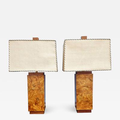 Pair of Inlaid Burl French Art Deco Lamps