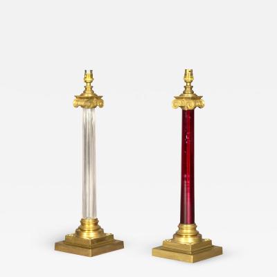 Pair of Ionic Column Table Lamps in Brass and Glass