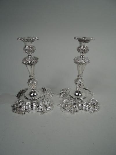 Pair of Irish Georgian Sterling Silver Shell Mask Candlesticks 1969