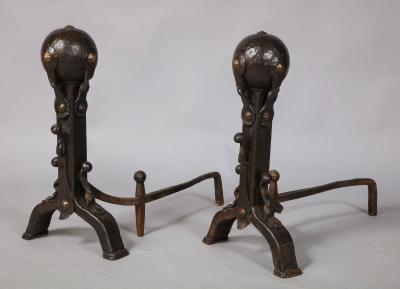 Pair of Iron and Bronze Strapwork Sphere Andirons