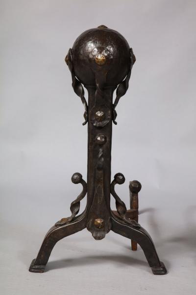 Pair of Iron and Bronze Strapwork Sphere Andirons